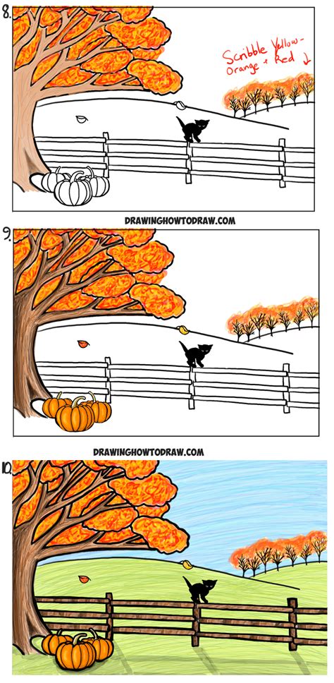draw  autumn fall scene step  step drawing tutorial  kids