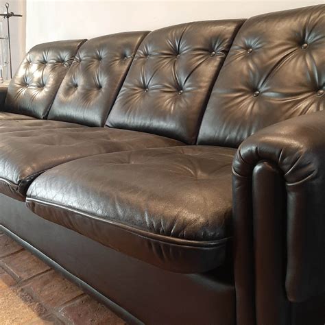 vintage  seater sofa   black leather piet jonker
