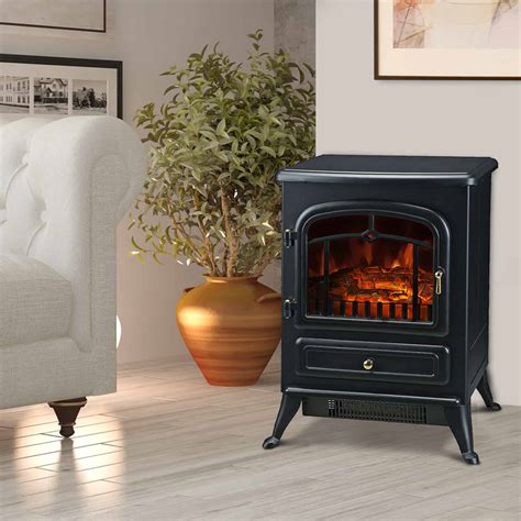 homcom freestanding electric fireplace heater  realistic flames    black