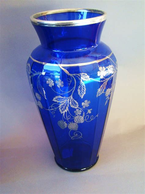 Pair Large Sterling Silver Overlay Cobalt Blue Glass Vases