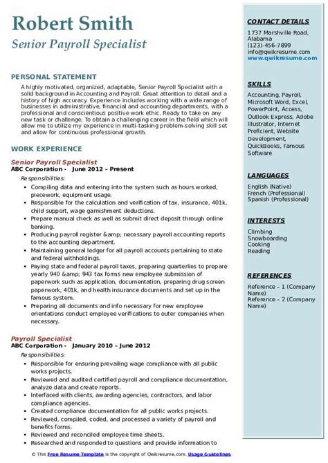 payroll specialist resume samples qwikresume
