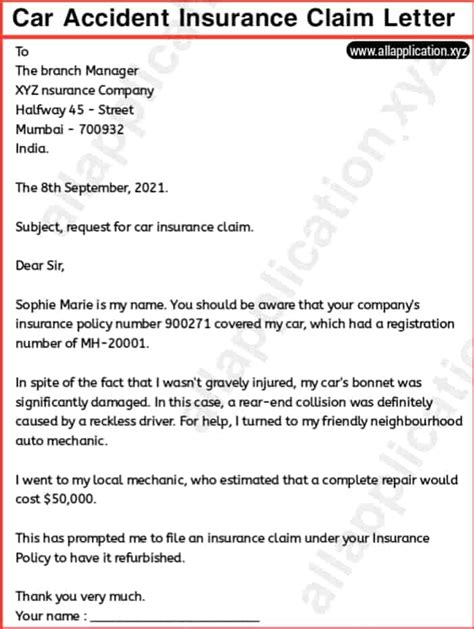car accident insurance claim letter  samples