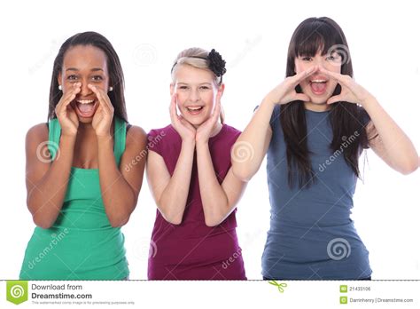 three mixed race teenage girls shouting out loud stock
