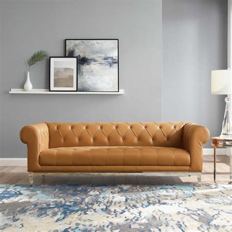 idyll tufted button upholstered leather chesterfield sofa  tan hyme