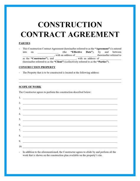 printable construction contract template