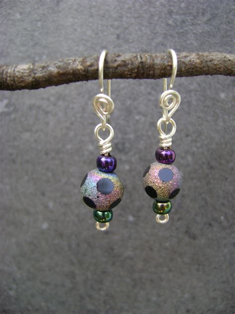 silver plated wire wrapped earrings iridescent bead  black polka dots blue home jewelry