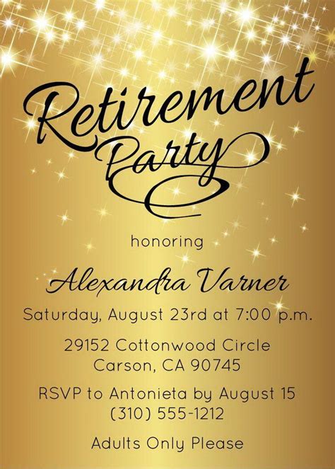sparkly gold retirement invitation announce  retirement party