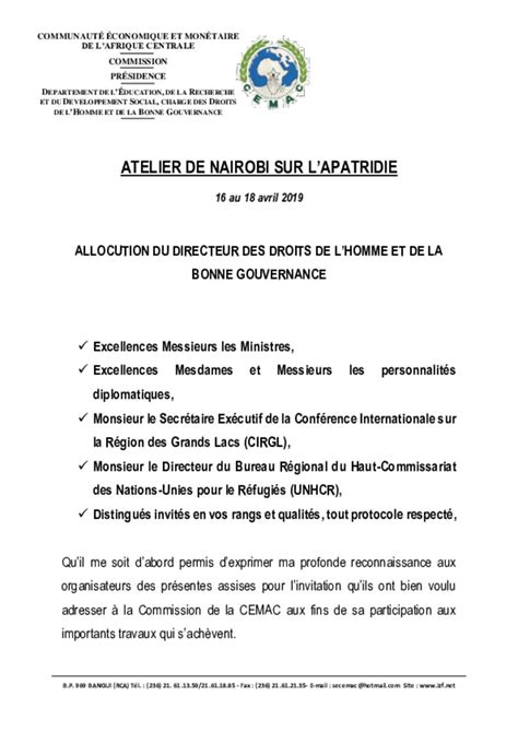 document official statement    representative  cemac french
