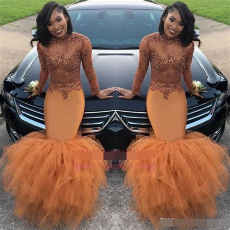 Dust Orange Long Sleeves Mermaid Prom Dresses 2019 Vestidos De Gala