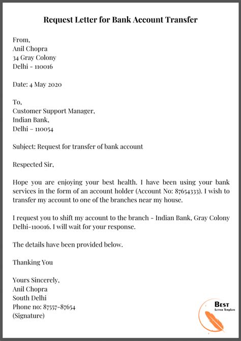 bank account transfer letter template sample  examples