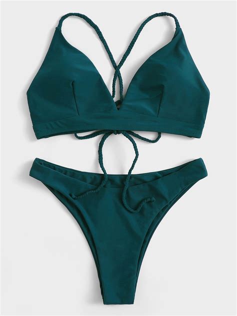 Green Swimsuit Laced Up Triangle Cami Top With High Leg Bikini Bottom