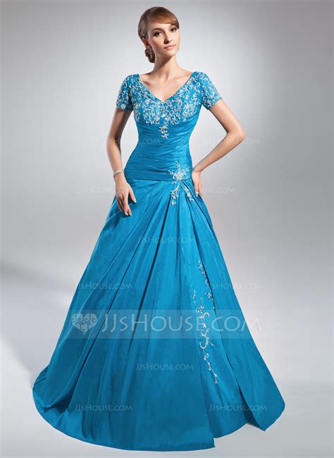 a line princess v neck sweep train taffeta mother of the bride dress with embroidered ruffle