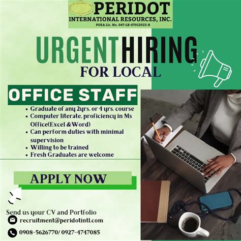 apply  urgent hiring  local  peridot international