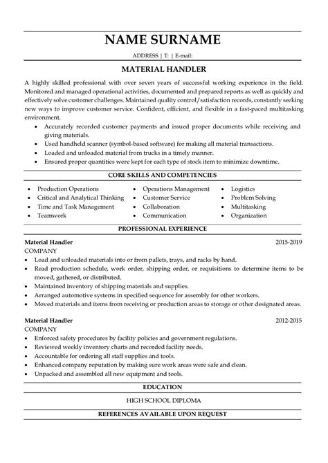 material handler resume  job description sample resumegets