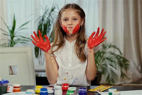 girl showing painted hands stock image image  cheerful painter