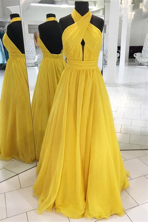 sexy high neck backless tulle yellow prom dress formal