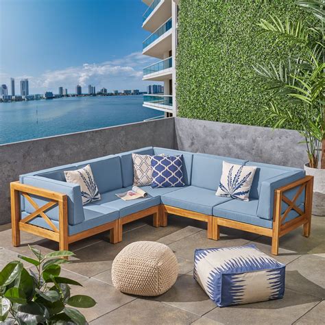 elisha outdoor  piece acacia wood sectional sofa set  cushions teak blue walmartcom