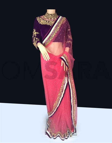 pink net saree with readymade velvet blouse ready to ship readymade