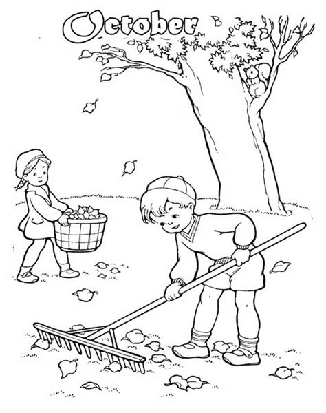 boy  girl cleaning  fall leaves coloring page kolorowanki