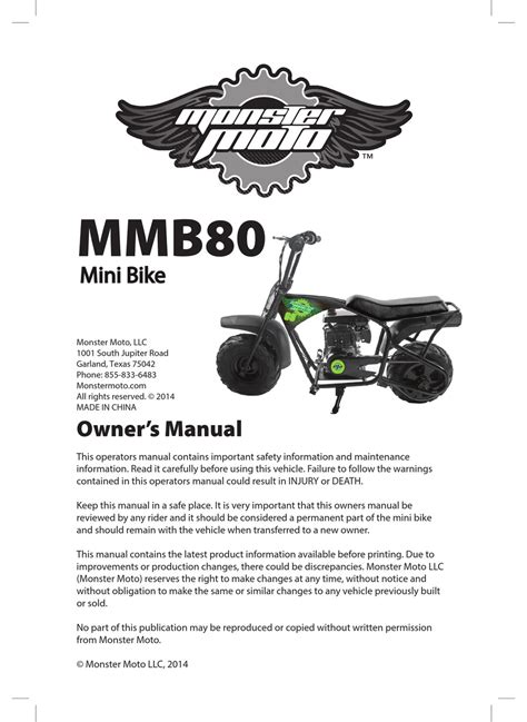 monster moto mmb owners manual   manualslib