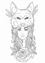 Wolf Tattoo Girl Outline Tattoos Drawing Clipart Designs Woman Fox Drawings Beautiful Coloring Pages Headdress Sketches Head Hat Young Transparent sketch template