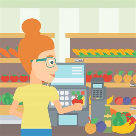 Royalty Free Supermarket Checkout Counter Woman Drawing Clip Art