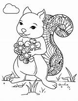 Coloring Squirrel Printable Flowers Color sketch template
