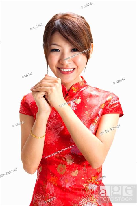 Chinese Girl In Traditional Chinese Cheongsam Blessing Isolated On
