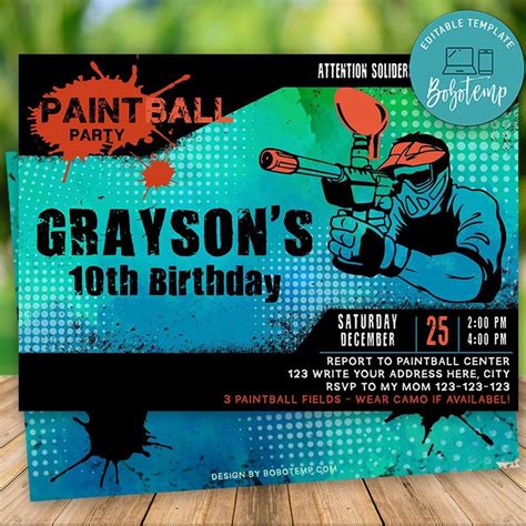 printable paintball birthday invitation instant  bobotemp