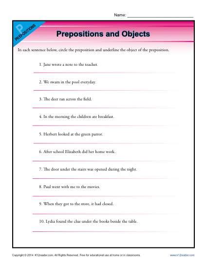 prepositions  objects preposition worksheets