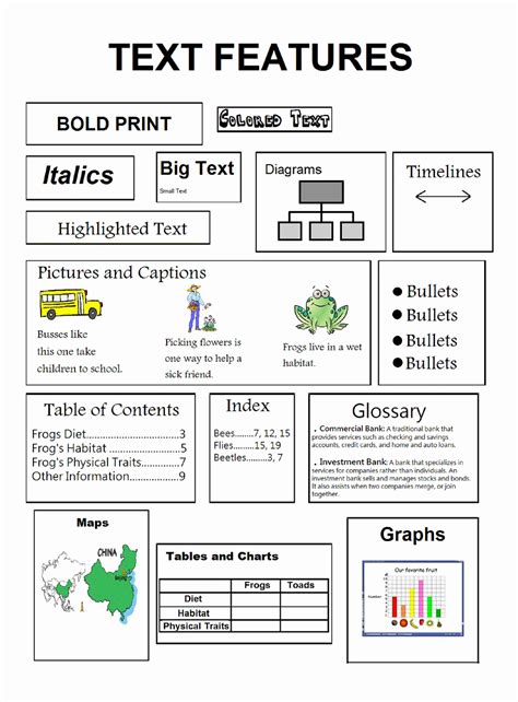text features worksheet    printable teaching text features