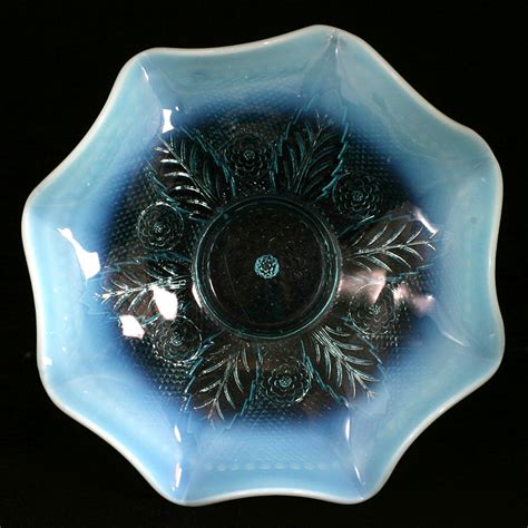 northwood netted roses blue opalescent antique glass bowl  leaved