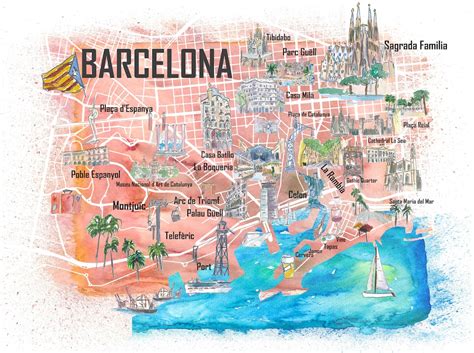 barcelona illustrated travel map  main roads landmarks  highlights etsy
