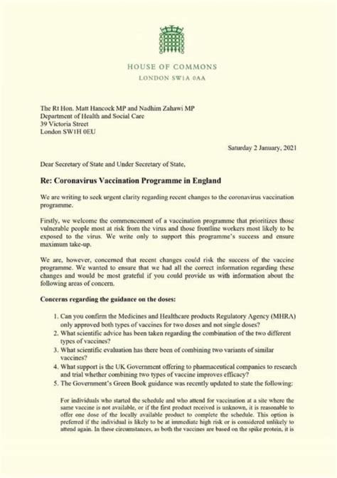 covid vaccine letter  secretary  state clive lewis