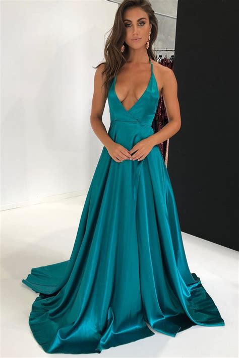 sexy halter backless turquoise long evenig dress with slit