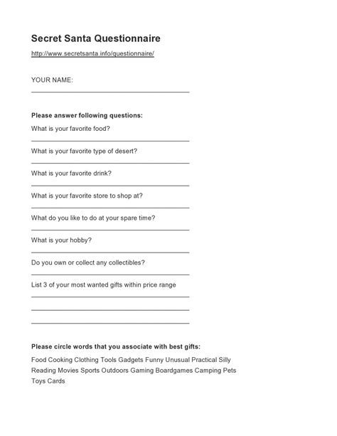 printable secret santa questionnaire templates templatelab