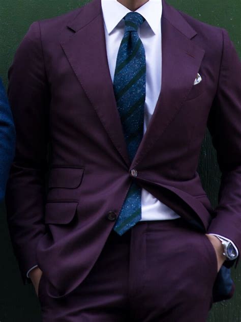 purple suit paired  blue striped wool tie wedding suits men grey