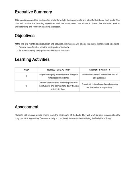 sample kindergarten lesson plan template   google docs word