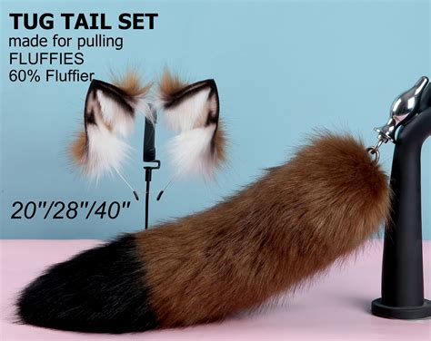 Light Coffee Black Fluffy Tug Tail Plug And Ear Set Fluffy Fox Tail