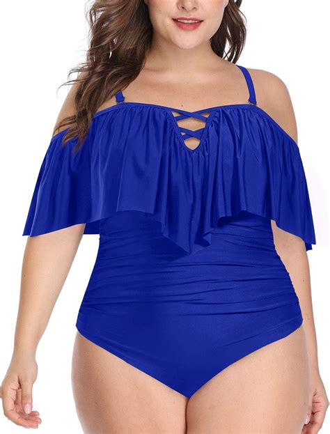 Daci Women Blue Plus Size One Piece Swimsuits Tummy Control Flounce Off