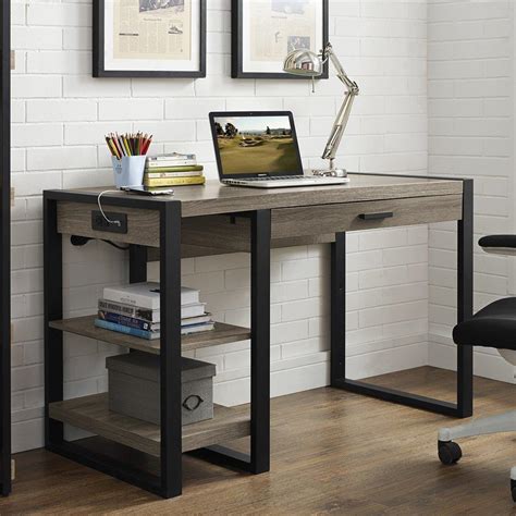 modern weathered grey gray writing computer desk storage shelves home