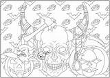 Skull Coloring Pages Halloween Scary Adults Red Color Bats Justcolor Surrounded Pumpkins Coffins Background Popular sketch template
