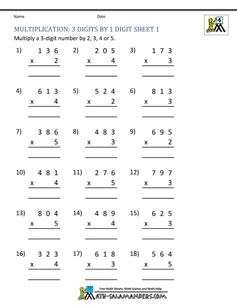 multiplication sheet  grade
