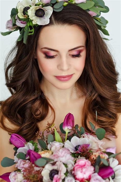 Portrait Of Sensual Beautiful Brunette Girl In Purple Dress Stock Image