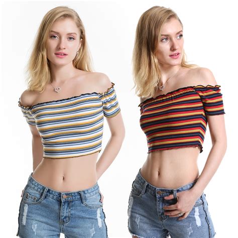 new color stripes word collar strapless sexy short sleeved t shirt