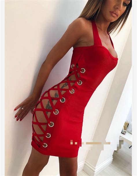 Red And Black Color Ladies Hl Bandage Dress Sexy Halter Bodycon Mini