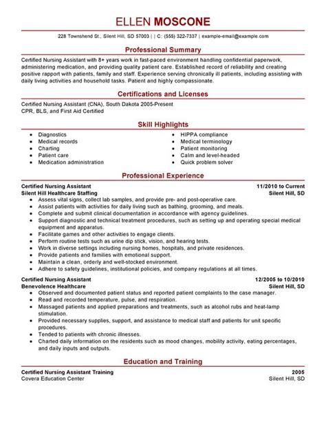 certified nursing assistant resume templates