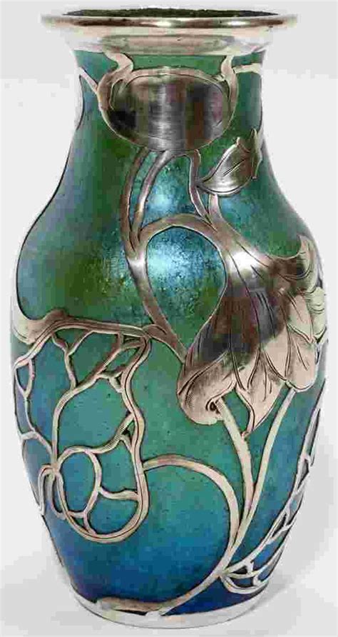 071002 Art Nouveau Silver Overlay Glass Vase H 5 3 4