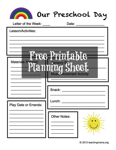 preschool planning sheet  printable preschool planning