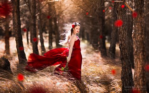 wallpaper forest model portrait flowers nature red